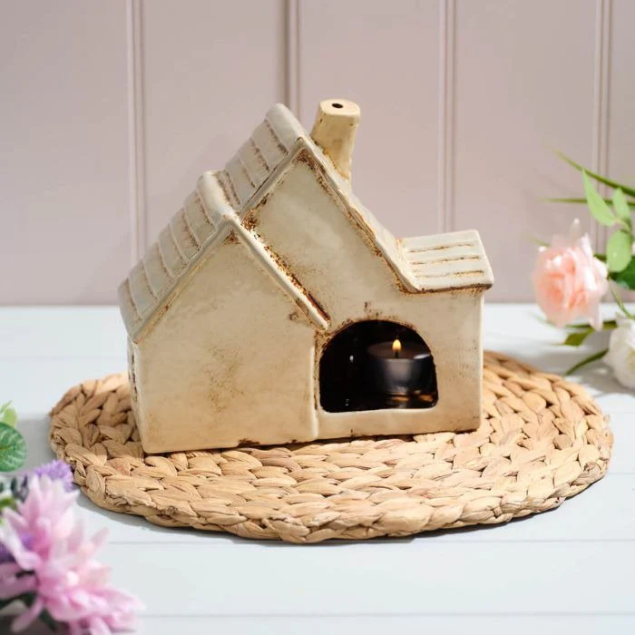 Stoneware Double Cottage With Full Chimney And Embossed Details Candle Holder - Image 2