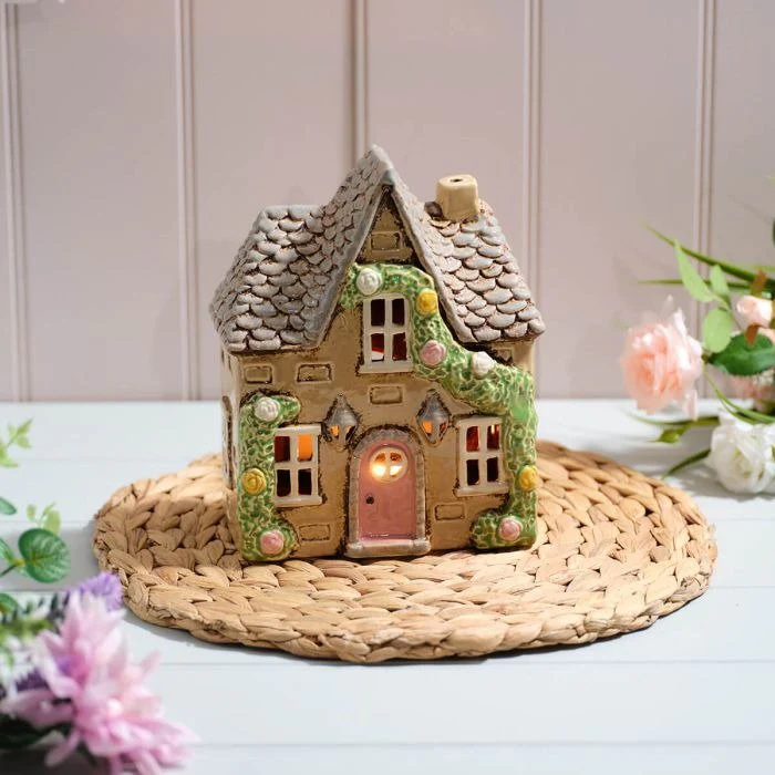 Stoneware House With Roses And Door Lanterns All Embossed Details Wax Melt Burner