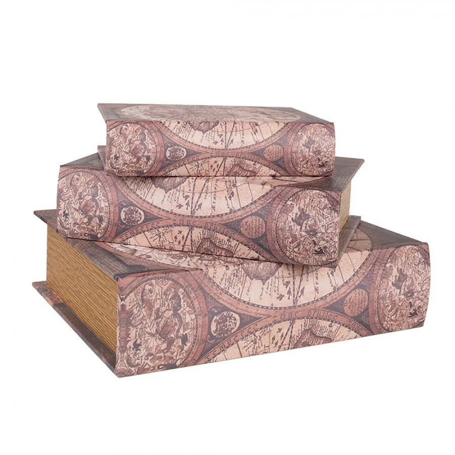 Storage Box Set of 3 Books Maps Brown Wood Rectangle - Image 2