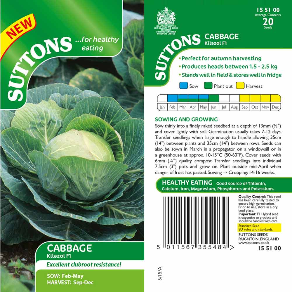 Suttons Cabbage Kilazol F1 Clubroot Resistant G155100