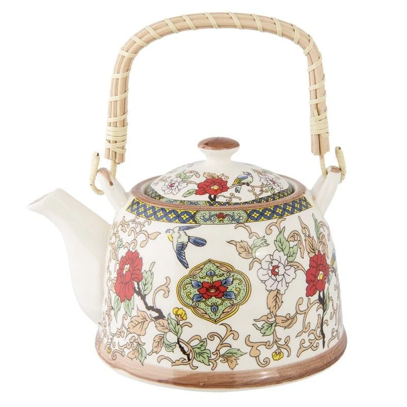 Teapot with Infuser 700ml Beige Red Ceramic Flowers Round Tea Pot