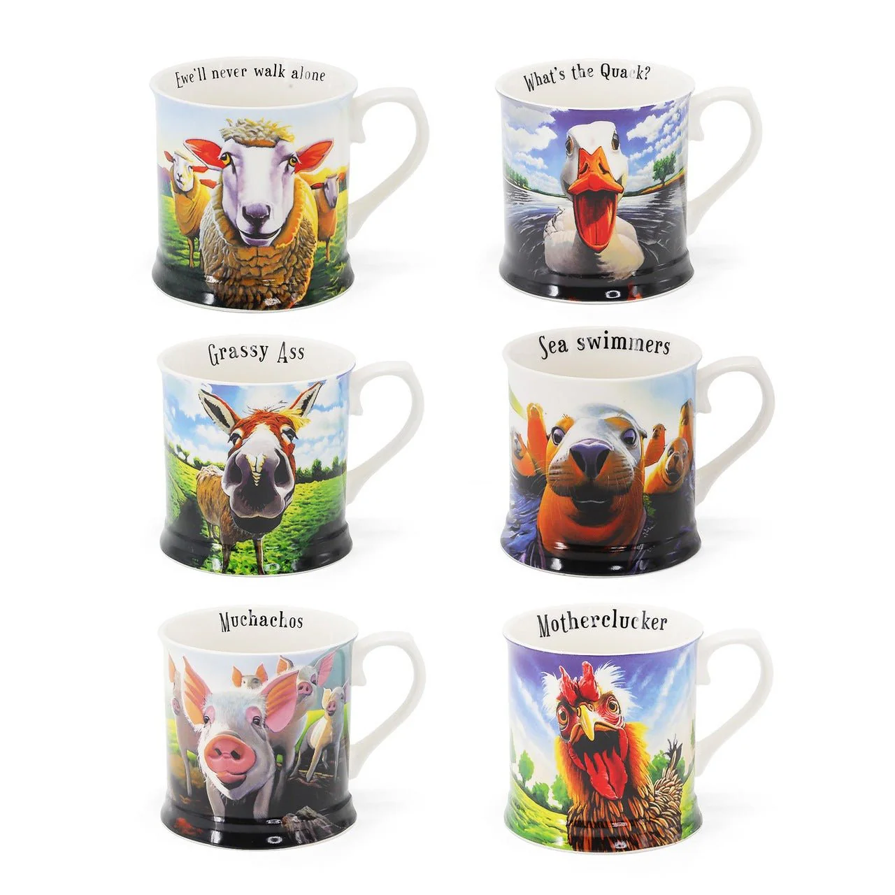 TIPPERARY CRYSTAL Beyond the Herd S/6 Mugs (Pigs, Sheep, Hen, Seal, Donkey, Duck)