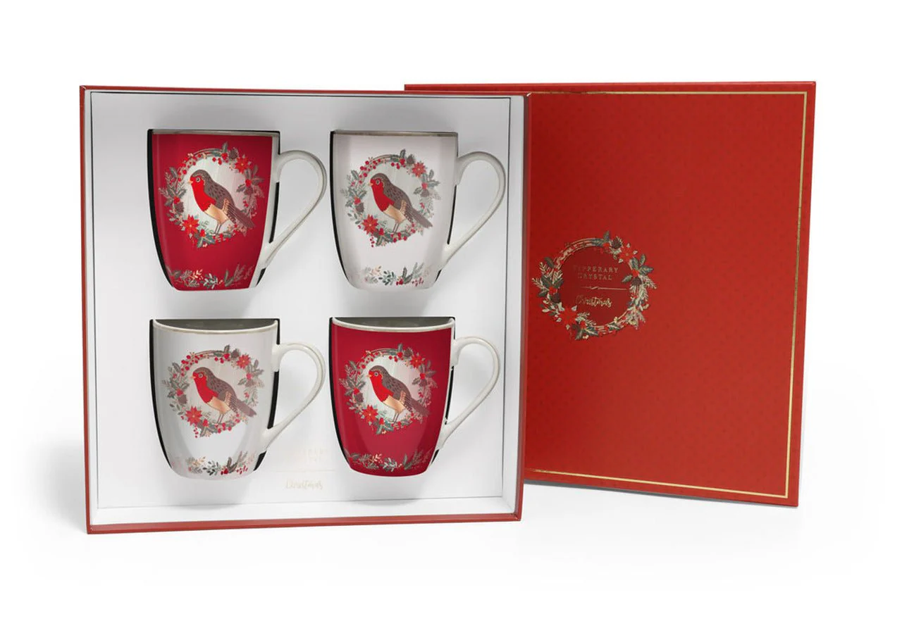 Tipperary Crystal Birdy Set of 4 Christmas Robin Mugs