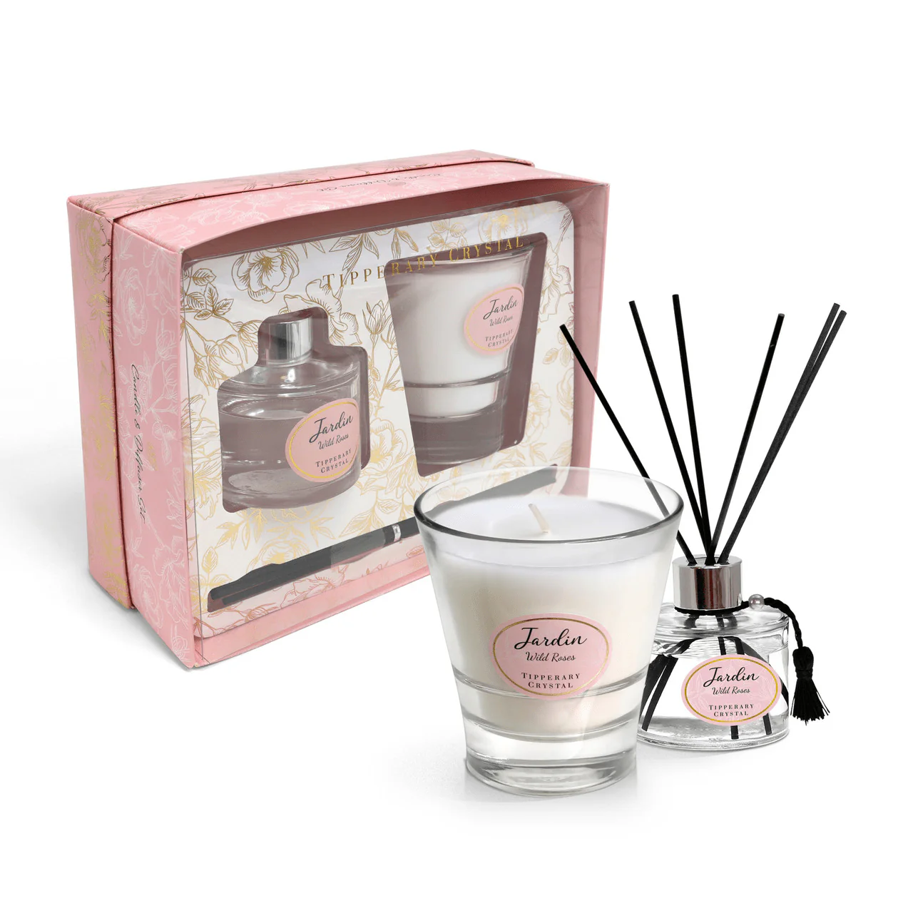 TIPPERARY CRYSTAL Jardin Wild Roses Candle & Diffuser Set