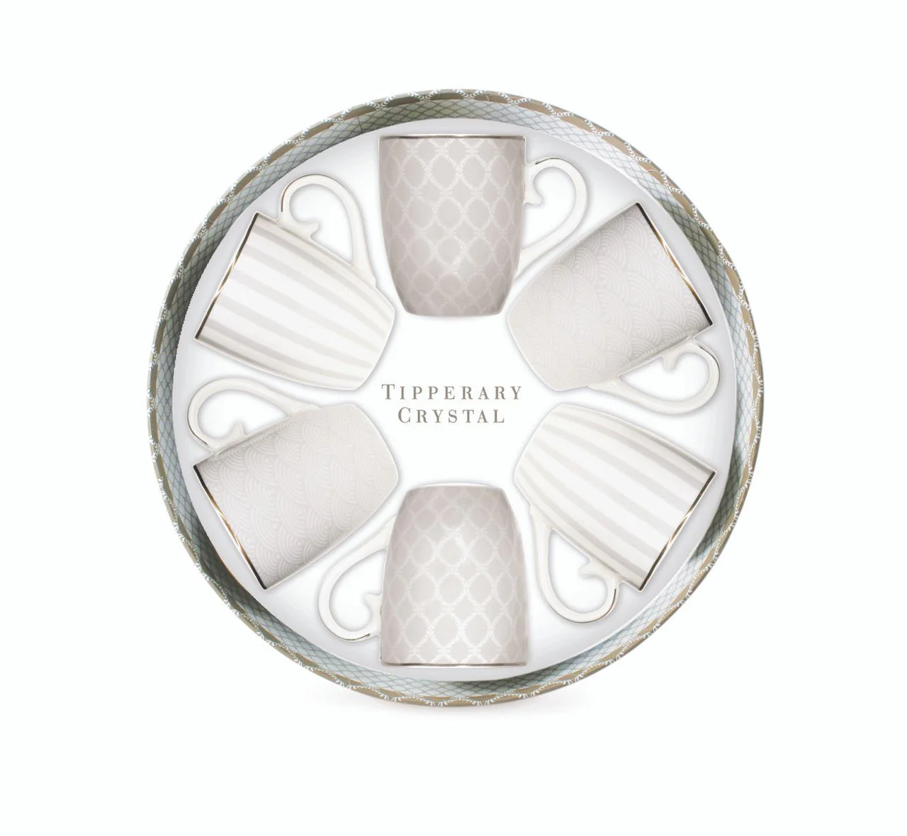 TIPPERARY CRYSTAL Set 6 Bone China Mugs - Grey Stripe, Net & Rainbow