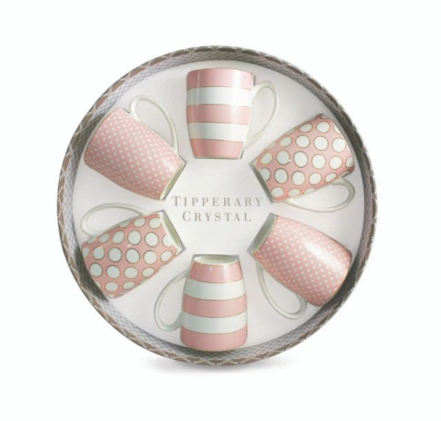 TIPPERARY CRYSTAL Set 6 Bone China Mugs - Spots & Stripes - Pink