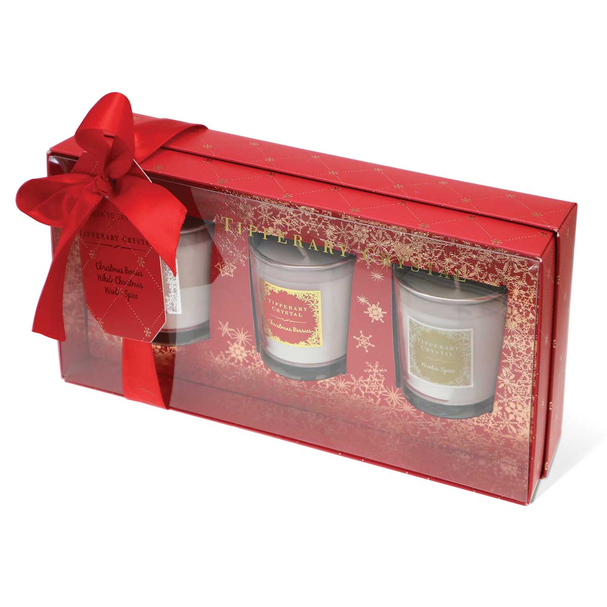 TIPPERARY CRYSTAL Set of 3 Christmas Candles in Red Gift Box