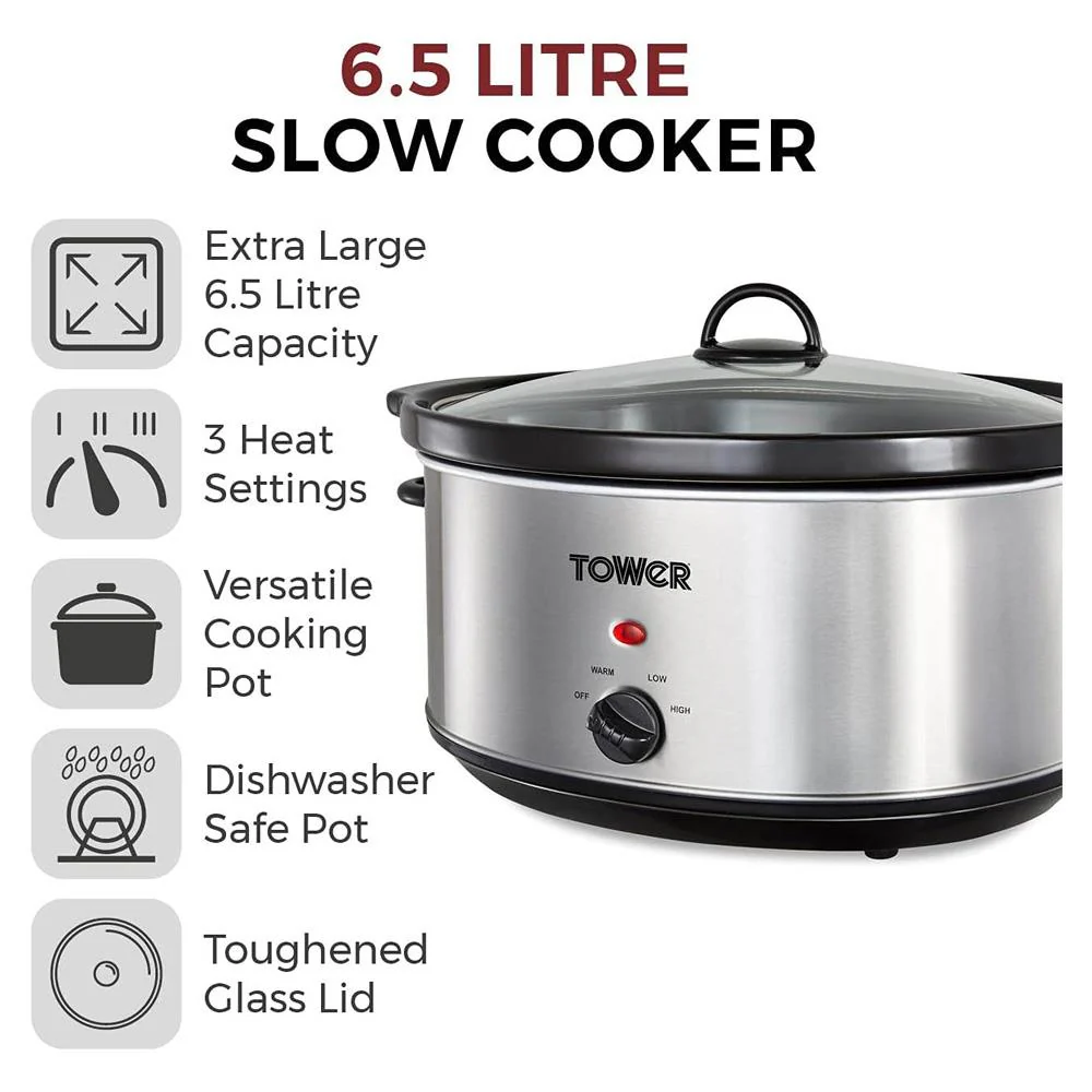 Tower 6.5 Litre Slow Cooker - Stainless Steel - Image 2