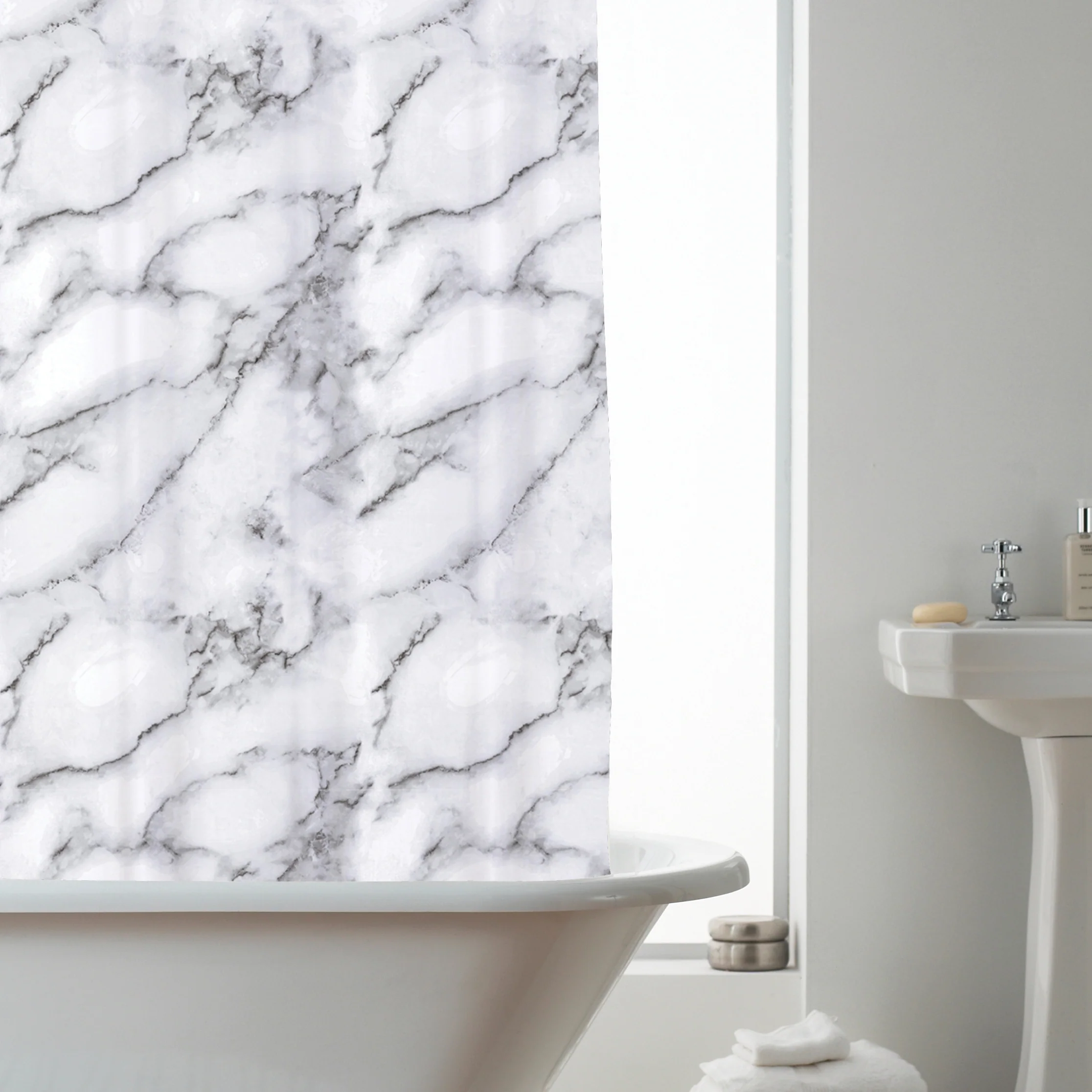 White & Grey Marble Shower Curtain – Waterproof PEVA